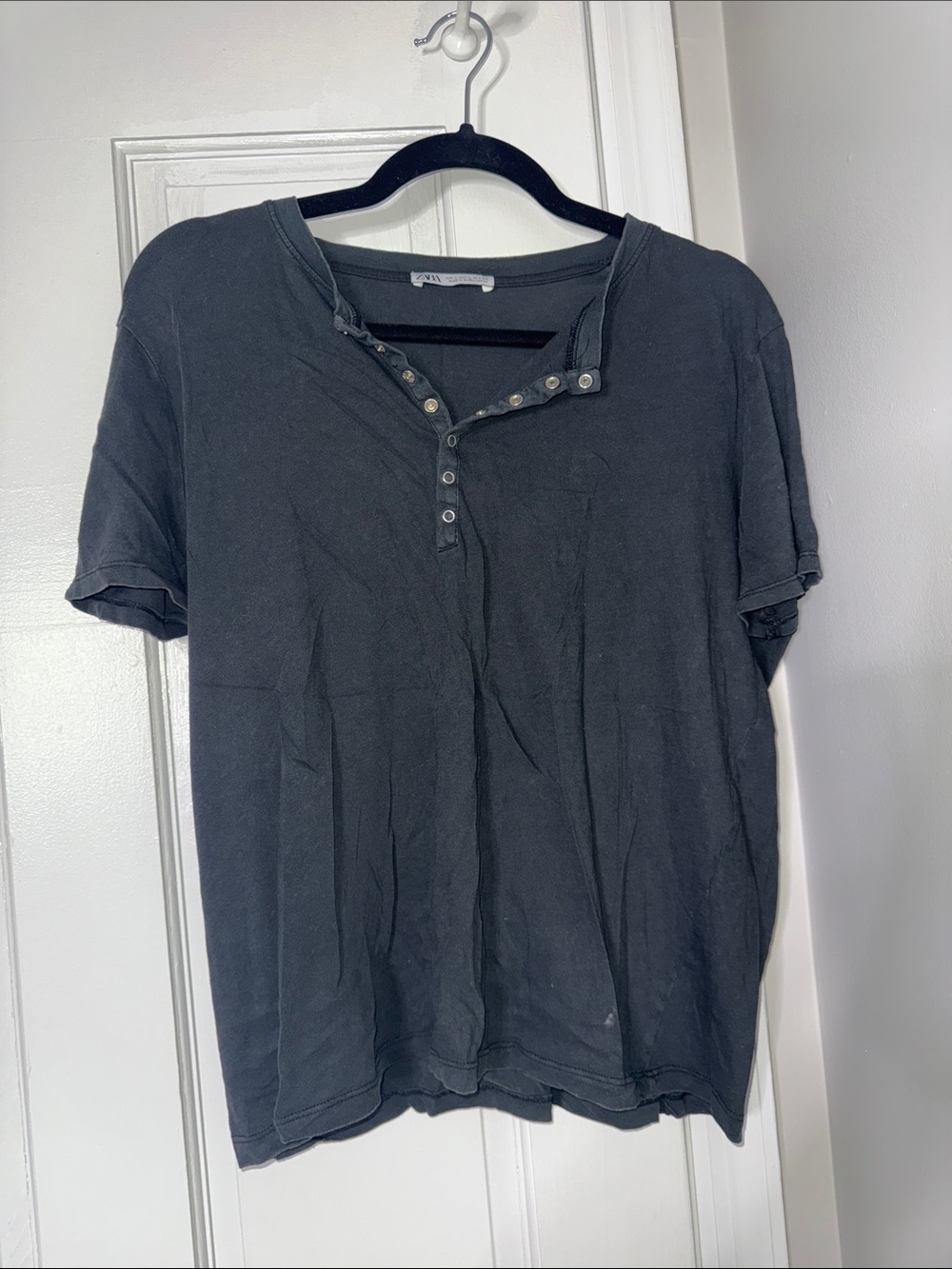 Zara Charcoal Black Short-Sleeve Henley Tee